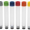The complete color range of Micronic's externally threaded screw caps: grey, light green, blue, red, orange, yellow