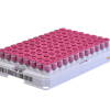 An uncovered 96-well rack of 0.50ml internally threaded tubes precapped with pink low profile screw caps