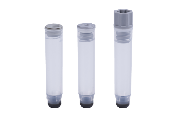 A 1.10ml internally threaded tube precapped with a grey TPE push cap, a 1.10ml internally threaded tube precapped with a low profile screw cap, and a 1.10ml internally threaded tube precapped with a grey screw cap