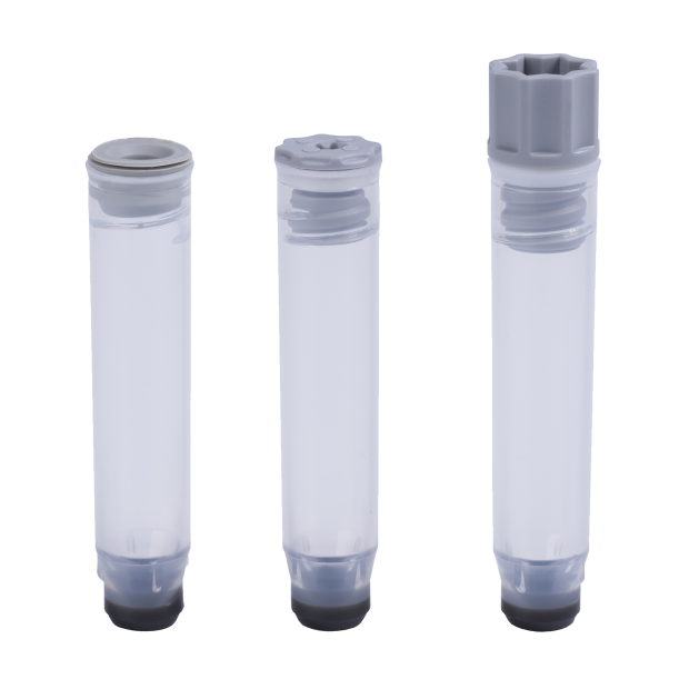 A 1.10ml internally threaded tube precapped with a grey TPE push cap, a 1.10ml internally threaded tube precapped with a low profile screw cap, and a 1.10ml internally threaded tube precapped with a grey screw cap