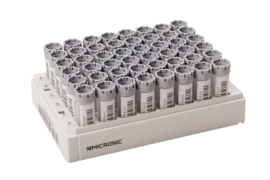 A rack of 3.00ml externally threaded hybrid tubes precapped with grey screw caps with 1D barcodes and human readable codes.