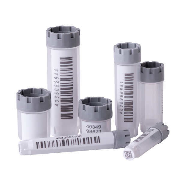 The complete range of Micronic's externally threaded hybrid tubes precapped with grey screw caps