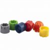The complete color range of Micronic's externally threaded screw caps: grey, light green, blue, red, orange, yellow