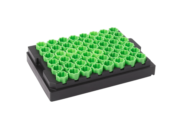 Light green screw caps in 48-well format disposable cap carrier.