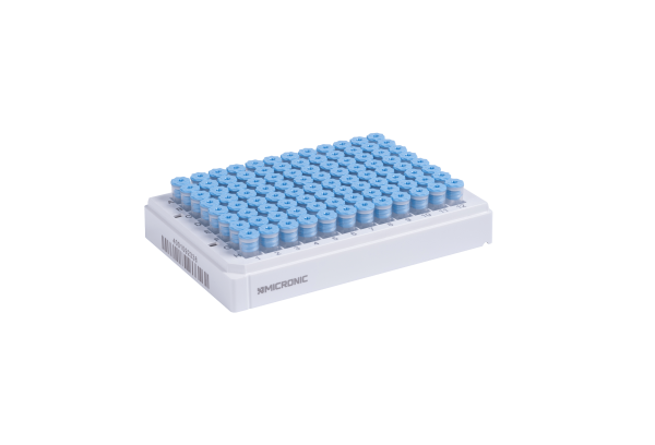 Tubes precapped with light blue low profile screw caps in Micronic 96-2 rack